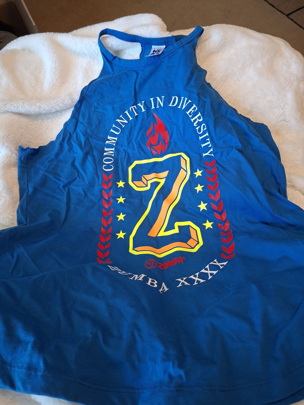 Zumba Fitness Blue Tank Top with Red & Yellow Graphic